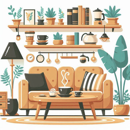 Interior of living room with furniture, sofa, coffee cup, bookshelf and plants. Vector illustration.のイラスト素材