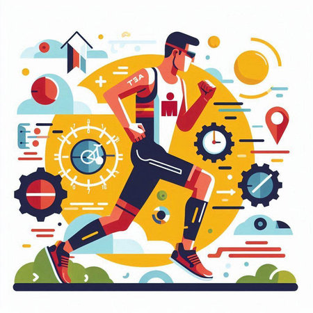 Running man in sportswear vector illustration. Athlete with prosthetic leg running in modern flat style.のイラスト素材