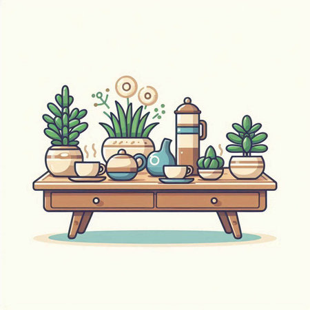 Coffee houseplants on wooden table. Vector illustration.のイラスト素材
