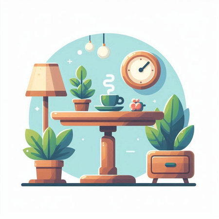 Coffee table with coffee cup, clock and plant. Vector illustrationのイラスト素材