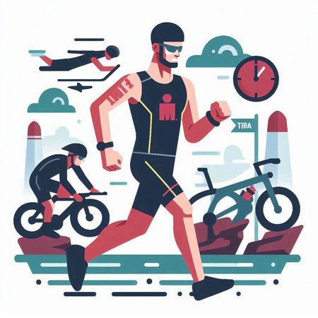 Cyclist man running in the park. Vector illustration in flat styleのイラスト素材