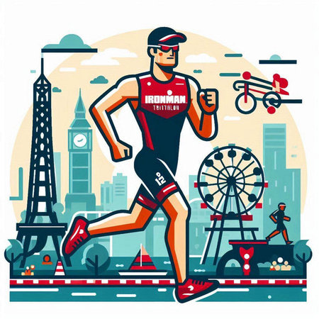 Marathon runner running in the city. Vector illustration in flat styleのイラスト素材