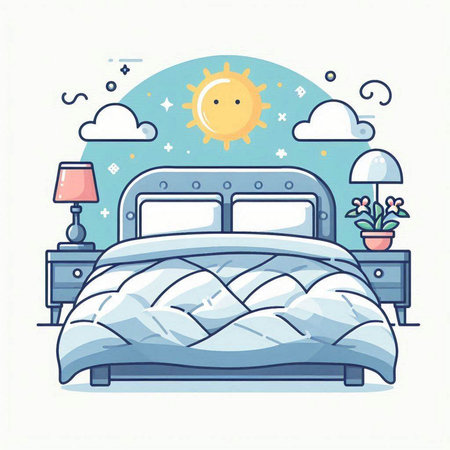 Vector illustration of a bed with sun and clouds on a white backgroundのイラスト素材
