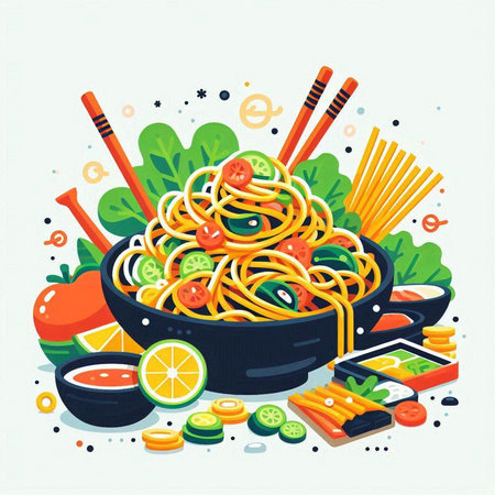 Soba noodles with vegetables and sauce in a frying pan. Vector illustration.のイラスト素材