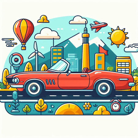 Vintage car on the road in the city. Vector illustration.のイラスト素材