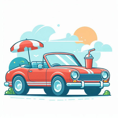 Retro car with umbrella and hot dog. Vector illustration in cartoon styleのイラスト素材
