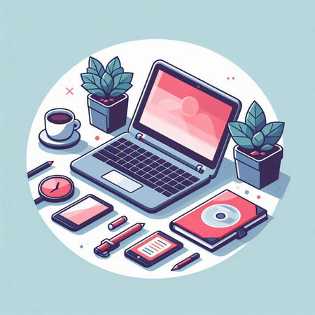 Flat design modern vector illustration concept of workplace with laptop, smartphone, stationery, cup of coffee and plant.のイラスト素材