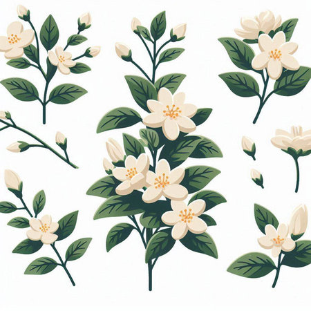 Jasmine flowers and leaves. Set of jasmine flowers. Vector illustration.のイラスト素材
