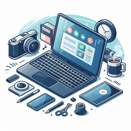 Laptop, smartphone, camera, coffee cup and other objects. Isometric vector illustration.のイラスト素材