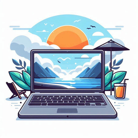 Laptop with seascape on screen. Summer vacation concept. Vector illustrationのイラスト素材