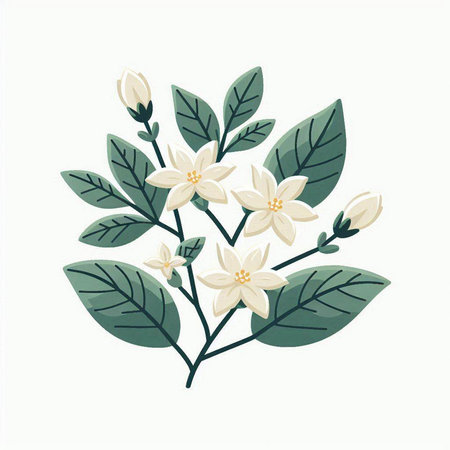 Jasmine flowers and leaves isolated on white background. Vector illustration.のイラスト素材
