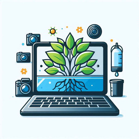 Laptop with tree and camera on the screen. Vector illustration.のイラスト素材