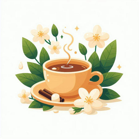 Cup of coffee with tea leaves and flowers. Vector illustration.のイラスト素材