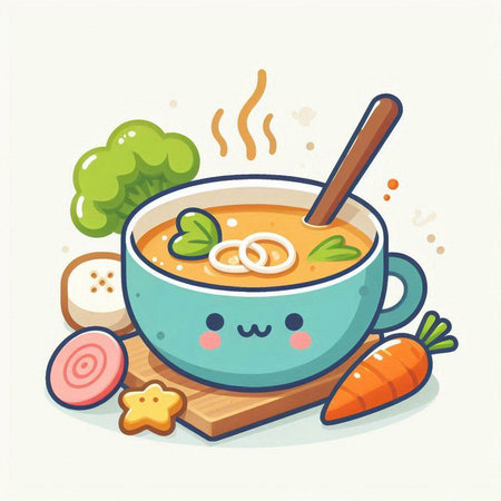Vegetable soup with carrot in cartoon style. Vector illustration.のイラスト素材