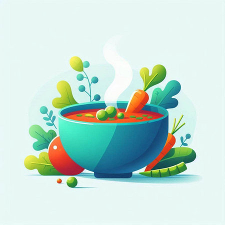 Bowl of soup with vegetables and meat. Vector illustration in cartoon style.のイラスト素材