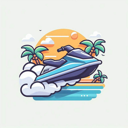 Vector illustration of a jet ski with palm trees on the background.のイラスト素材