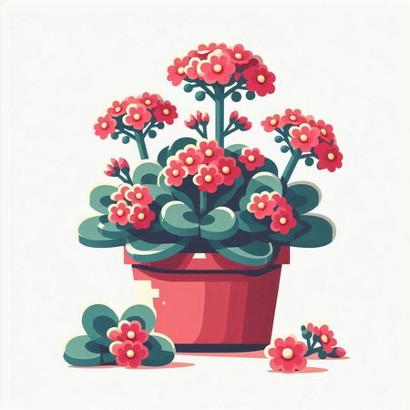 Flowerpot with red flowers. Vector illustration in cartoon style.のイラスト素材