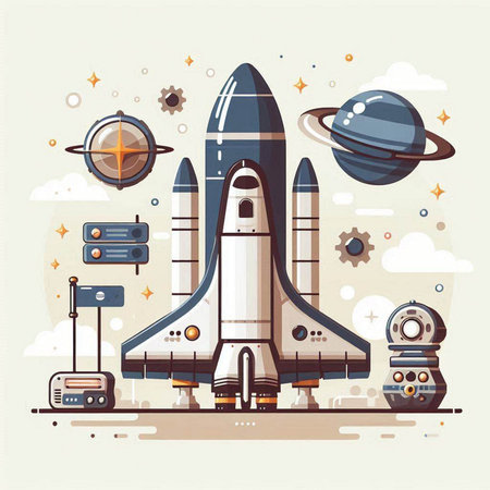 Space rocket and planets. Vector illustration in flat style. Design element for banner, poster or print.のイラスト素材