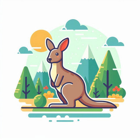Kangaroo in the forest. Vector illustration in flat style.のイラスト素材