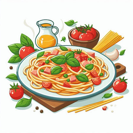 Spaghetti with tomato sauce and basil on a plate. Vector illustrationのイラスト素材