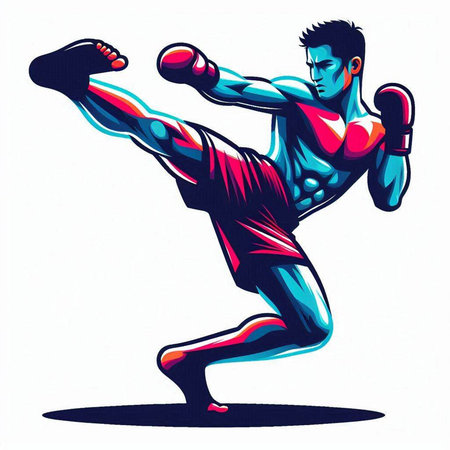 illustration of a kickboxer in action on white background.のイラスト素材