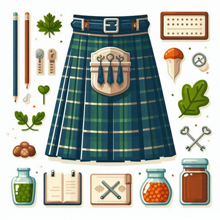 Scottish scottish tartan kilt and school supplies vector illustration.のイラスト素材
