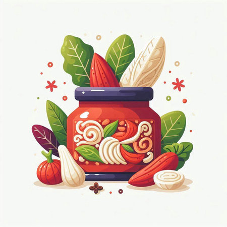 Illustration of a jar of tomato sauce with ingredients for cooking.のイラスト素材