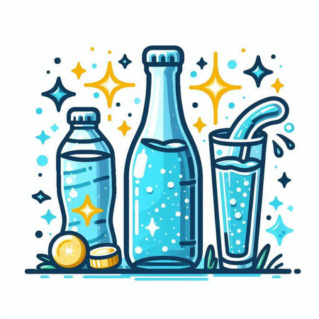 Bottle and glass with water. Vector illustration in flat style.のイラスト素材