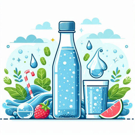 A bottle of water, a glass of water, a glass of water and strawberries. Vector illustration.のイラスト素材