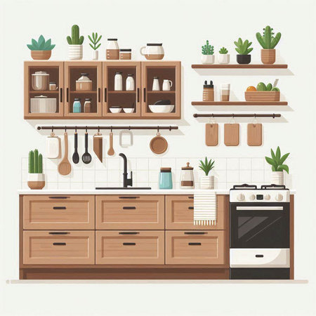 Kitchen interior. Vector illustration in flat style. Furniture on the shelves.のイラスト素材