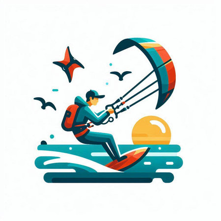 Kitesurfing vector illustration. Man riding a kite on the sea.のイラスト素材