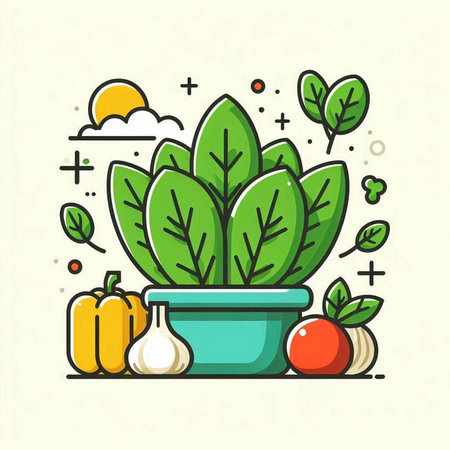 Vegetables in a pot. Vector illustration in linear style.のイラスト素材