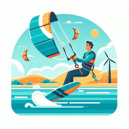 Windsurfing flat vector illustration. Man riding windsurf on sea waves. Windsurfer with kite on background of wind turbines.のイラスト素材