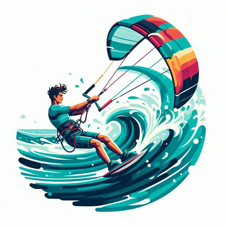 Kitesurfing vector illustration. Man kitesurfer riding a kite.のイラスト素材