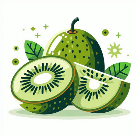 Kiwi fruit with green leaves isolated on white background. Vector illustration.のイラスト素材