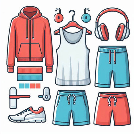 Set of sport clothes and accessories. Vector illustration in cartoon style.のイラスト素材