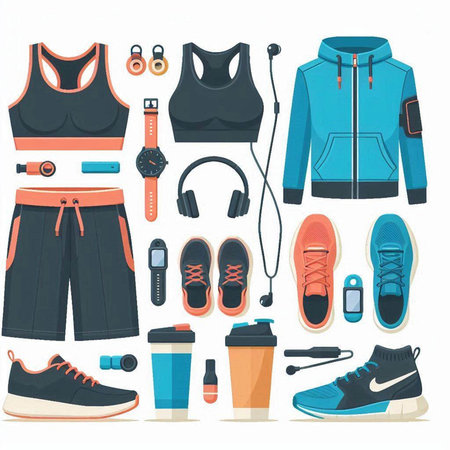 Set of sportswear and accessories. Vector illustration in flat styleのイラスト素材