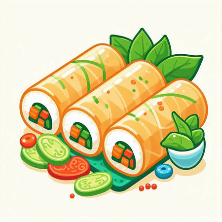 Illustration of Sushi Rolls with Salmon, Cream Cheese and Vegetablesのイラスト素材