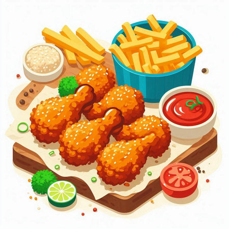 Fried chicken wings with french fries and ketchup. Fast food. Vector illustrationのイラスト素材