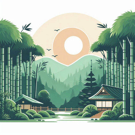 Bamboo forest and japanese temple at sunrise. Vector illustration.のイラスト素材