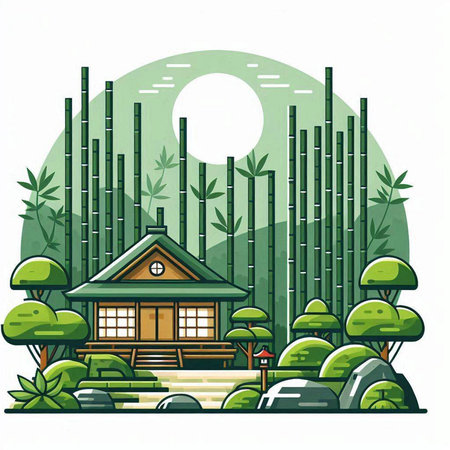 Japanese house in bamboo forest. Vector illustration in flat cartoon style.のイラスト素材