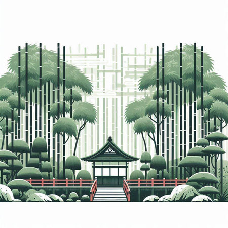 Vector illustration of japanese garden with bamboo fence and pavilionのイラスト素材