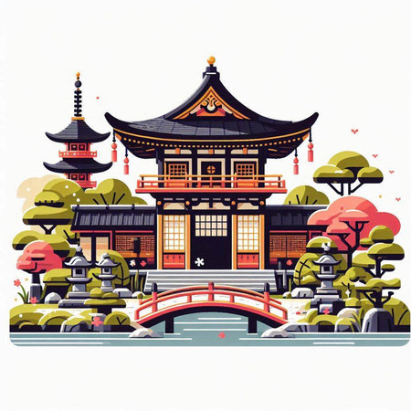 Vector illustration of chinese temple in flat style. Traditional Chinese architecture.のイラスト素材