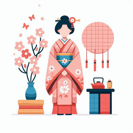 Japanese woman in traditional kimono. Vector illustration in flat styleのイラスト素材