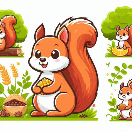 Cute squirrels with nuts and fruits on the lawn. Vector illustration.のイラスト素材