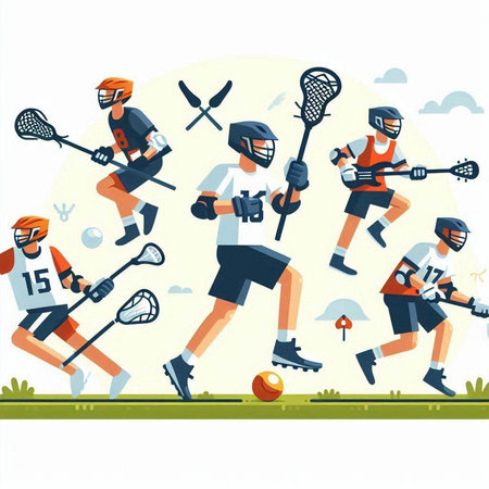 Vector illustration of people playing lacrosse on field in flat style.のイラスト素材