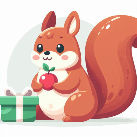 Cute squirrel with a red apple and a gift. Vector illustrationのイラスト素材