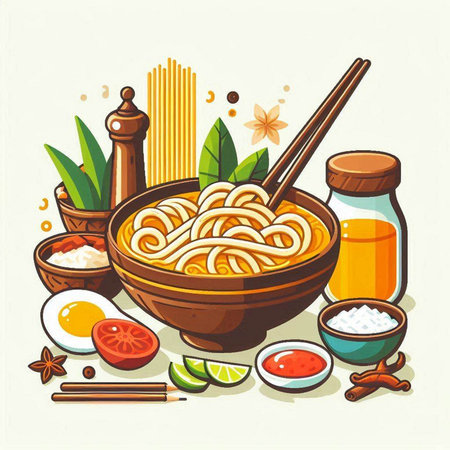 Noodles in a bowl with chopsticks. Vector illustration.のイラスト素材