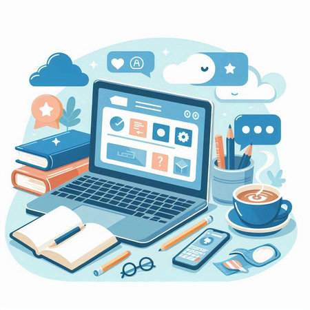 Flat design modern vector illustration concept of business workplace with laptop, smartphone, office supplies and other objects.のイラスト素材