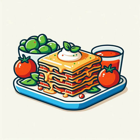 Illustration of a stack of pancakes with tomato sauce on a plateのイラスト素材